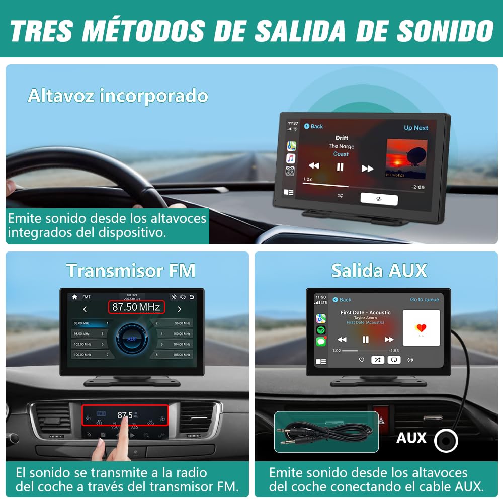 AWESAFE Pantalla 9” de CarPlay/Android Auto/iOS Mirror Inalámbrico y Auto Link por Cable, Radio Portátil para Coche, Admite Bluetooth/Siri/USB/TF/AUX, Negra