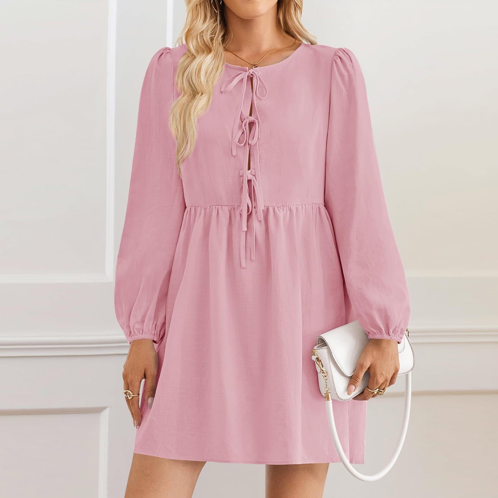 Robe Mini péplum à Manches Longues Bouffantes et nœud Papillon sur Le Devant pour Femme, Robes d'automne,Robe Courte à Volants en Ligne A, Robe Tunique Fluide Mignonne (Pink,L)