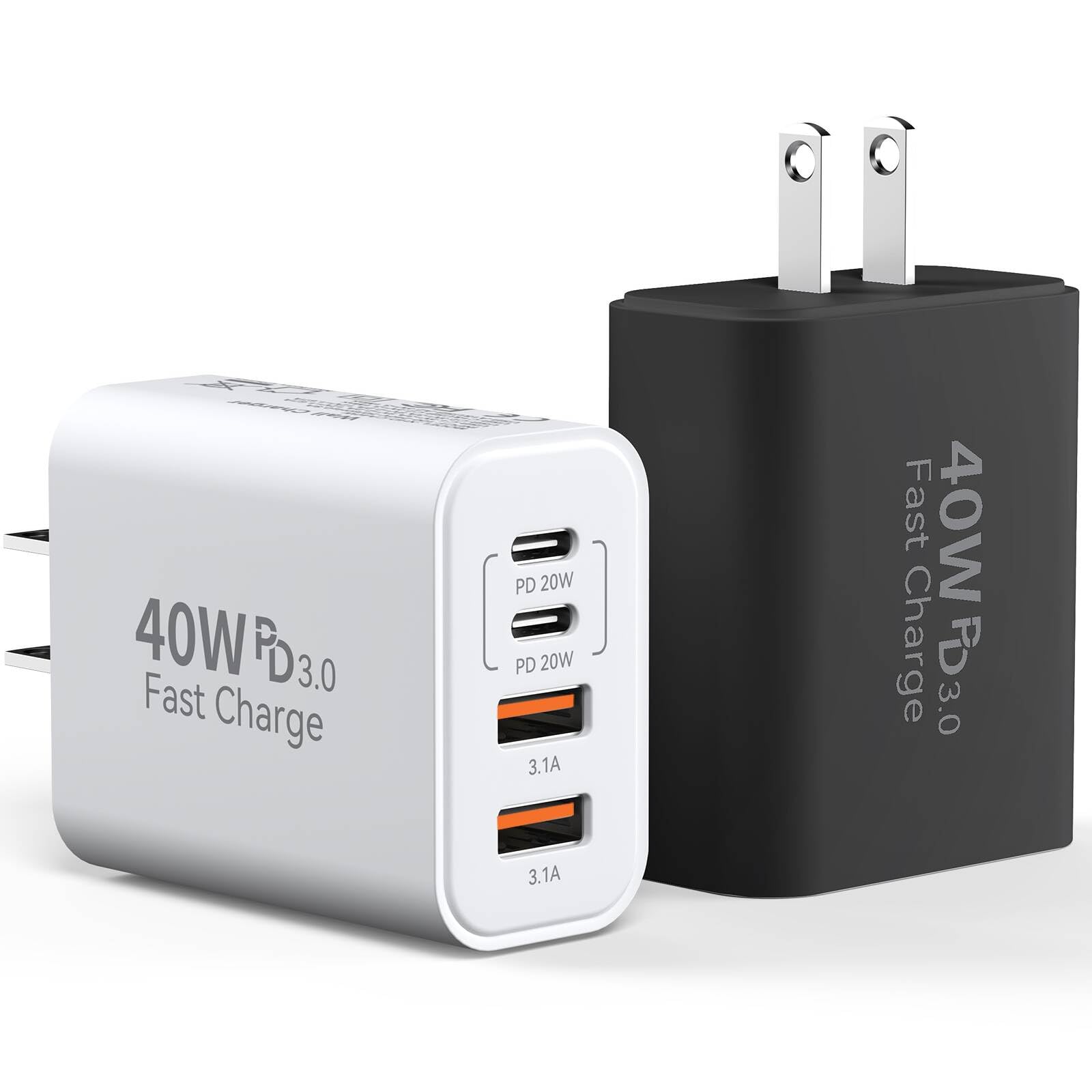 USB C Charger Block, 2-Pack 40W 4-Port Multiple Type C Fast Charging Phone Charger Brick +QC 3.0 USB A Wall Plug Out let Multiport Box Cube for Phone 15/14/13/12/11 Pro Max, Galaxy, Pixel, Black+White