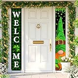 FARMNALL St Patricks Day Porch Banner Green Buffalo Plaid Gnome Front Door Sign Shamrock Four Leaf Lucky Clover Wall Hanging Decorations and Supplies for Home Office Farmhouse Holiday Decor