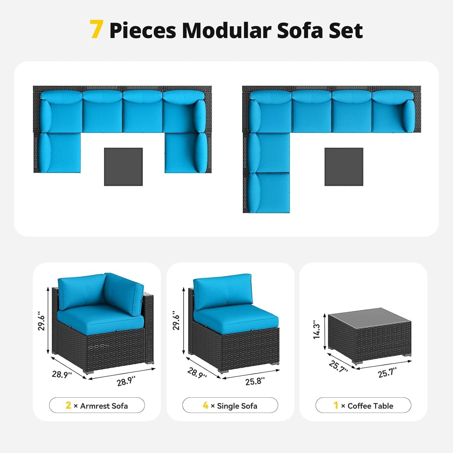 7 Piece Patio Conversation Set Patio Furniture Set with Waterproof Cover Peacock Blue Outdoor Sectional Sofas Wicker Rattan Outdoor Furniture for Backyard Garden