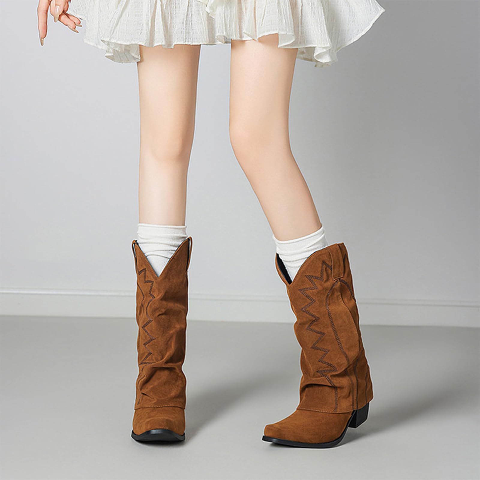 Stivali da Cowgirl Ricamati Donna in Similpelle Altezza Media Tacco Largo Stile Country Classico per Feste E Uso Quotidiano