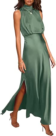 PRETTYGARDEN Women's Long Formal Satin Dress Mock Neck Sleeveless Side Slit Flowy Maxi Tank Dresses