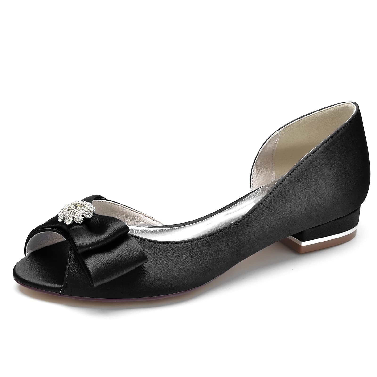 Bailarinas Peep Toe de Raso para Mujer Planas, Zapatos D'Orsay con Lazo Estructurado y Centro de Cristal, Zapatos de Boda o Fiesta y Eventos Especiales