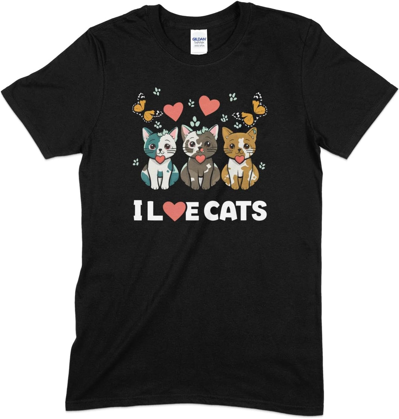 Cute Cat Lover T-Shirt, Funny Cartoon Cats Graphic, I Love Cats Tee, Unisex Cat Shirt, Pet Owner Gift, Casual Kitten Top, Heart and Paws
