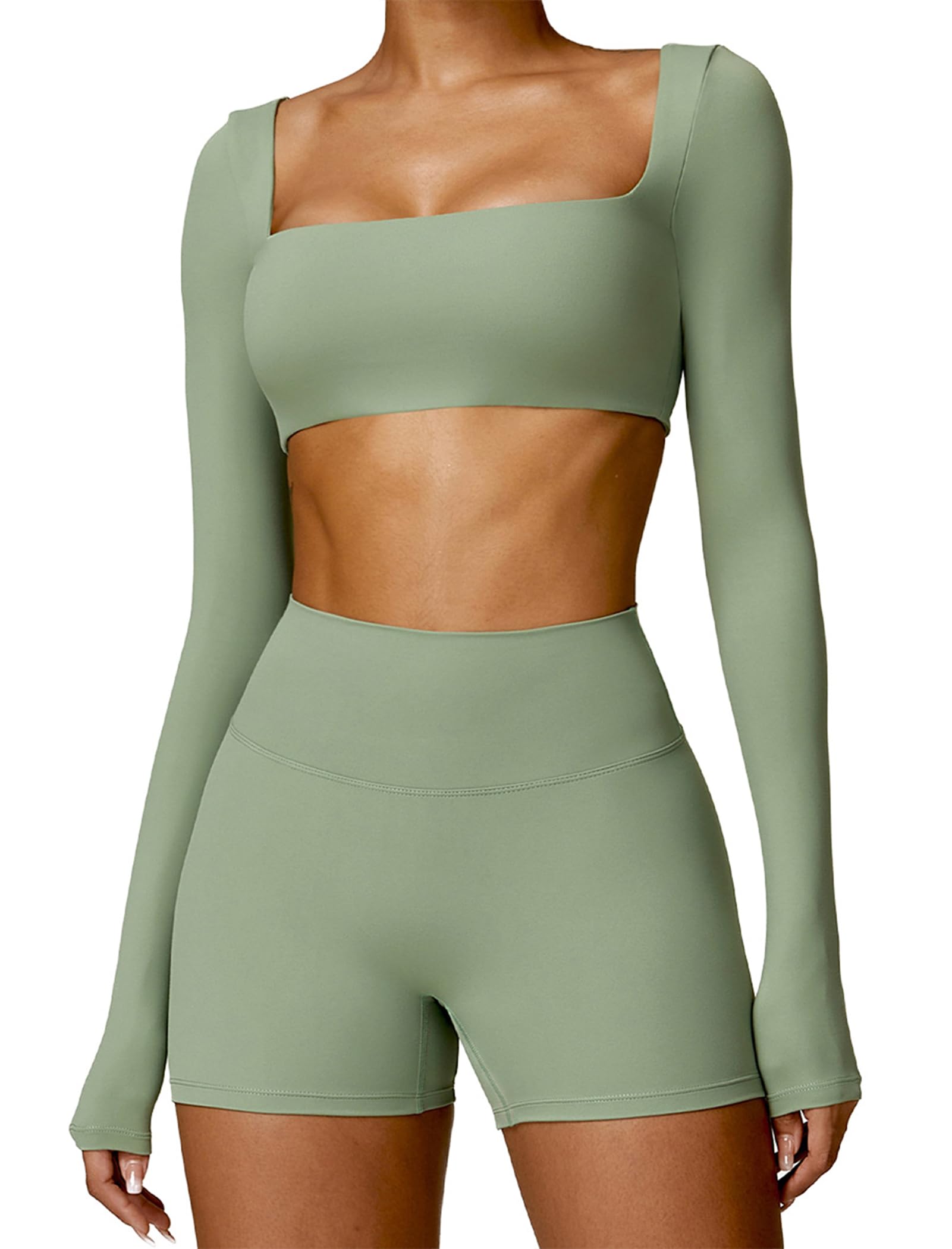 ABOCIW Women Square Neck Long Sleeve Workout Crop Top Low Medium Impact Athletic Yoga Gym Shirts with Built in Bra(ONLY TOP)