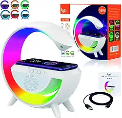 Luminária de Mesa e Caixa de Som G com Carregador de Celular por Indução Speaker Smart Bluetooth USB CArtão SD Rádio FM 15W Branca Surrond PREMIUM (BRANCA)