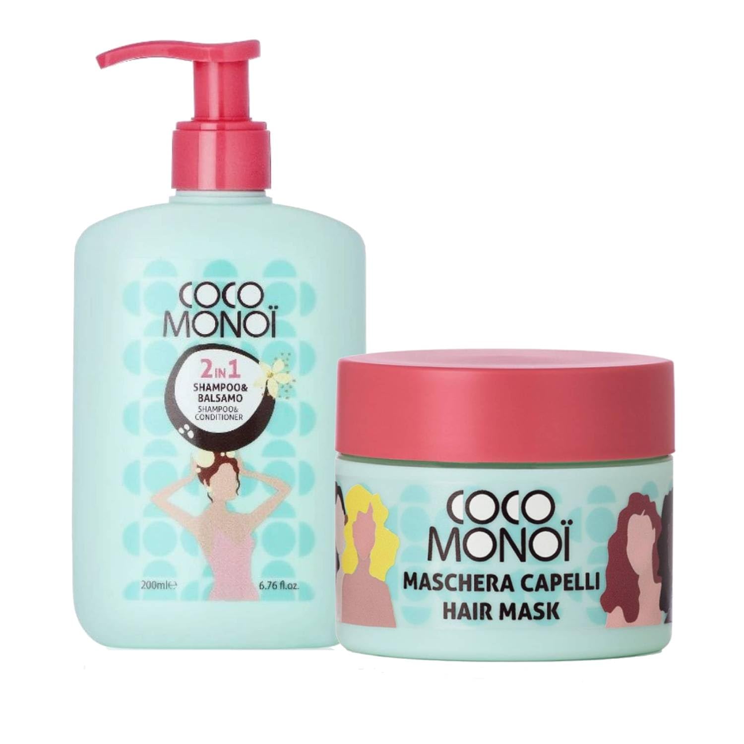 Maschera Capelli 3in1 con Olio di Cocco e Monoi – Idratante, Nutriente e Riparatrice – Vaso 250 ml – Trattamento Capelli Secchi, Sfibrati o Crespi (Maschera+Shampoo)