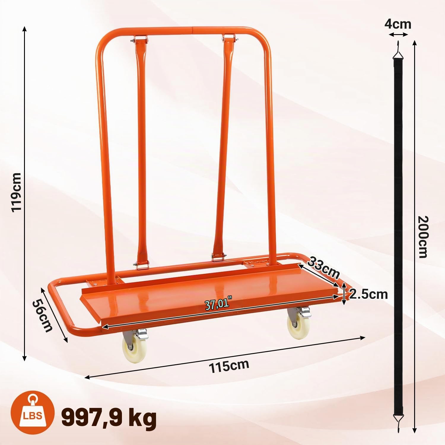 Plattenkarren bis 1000 kg, Plattentransportwagen 120 x 56 x 115 cm aus Stahl, Plattformwagen Transporthilfe Handwagen von Trockenbauwänden, Holz-und Gipskartonplatten