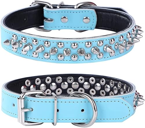 haoyueer Collares ajustables de cuero genuino con tachuelas para perros pequeños, medianos y grandes, como Pit Bull Bulldog Pugs Husky (M, azul