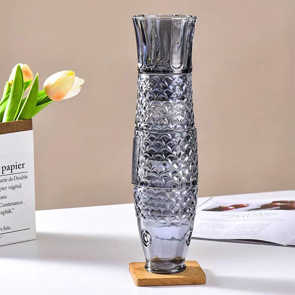 Koi fish-shaped water cup set of 4 fish-shaped design stackable glass Gray drinking glass, embossed crystal glass household living room beverage glass creative gift, 2.4INx12.6IN, LH-03