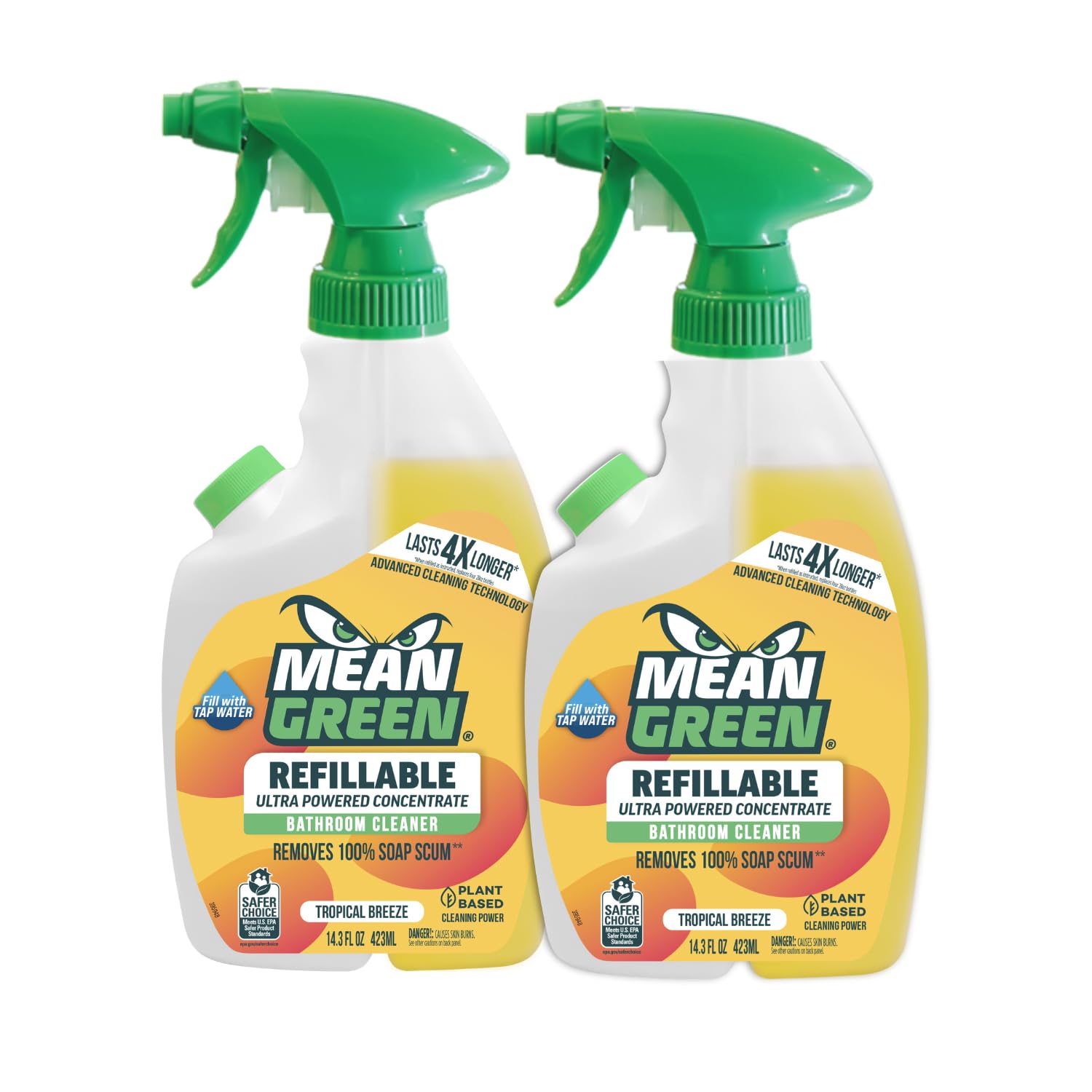 Mean Green Refillable Ultra Powered Bathroom Cleaner Concentrate Tropical Breeze 14 3 fl oz 2-Pack Plant Mineral Based