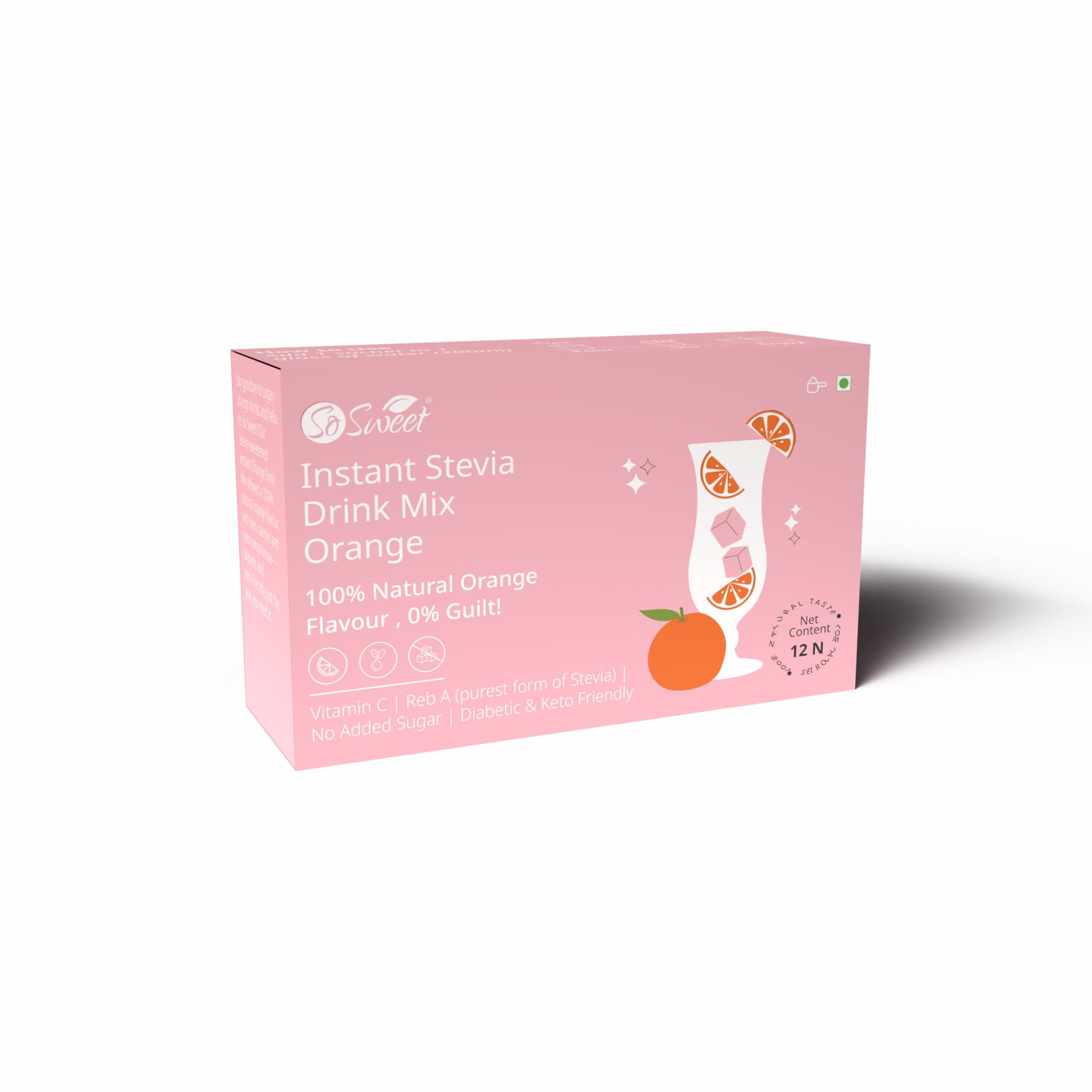 Stevia Orange Instant Drink Mix - Sugar-Free, Zero Calories, Vitamin C Enriched, 12 Sachets, Ideal for Refreshing, Healthy Beverages, Diabetic & Keto Friendly, Easy to Prepare and Enjoy