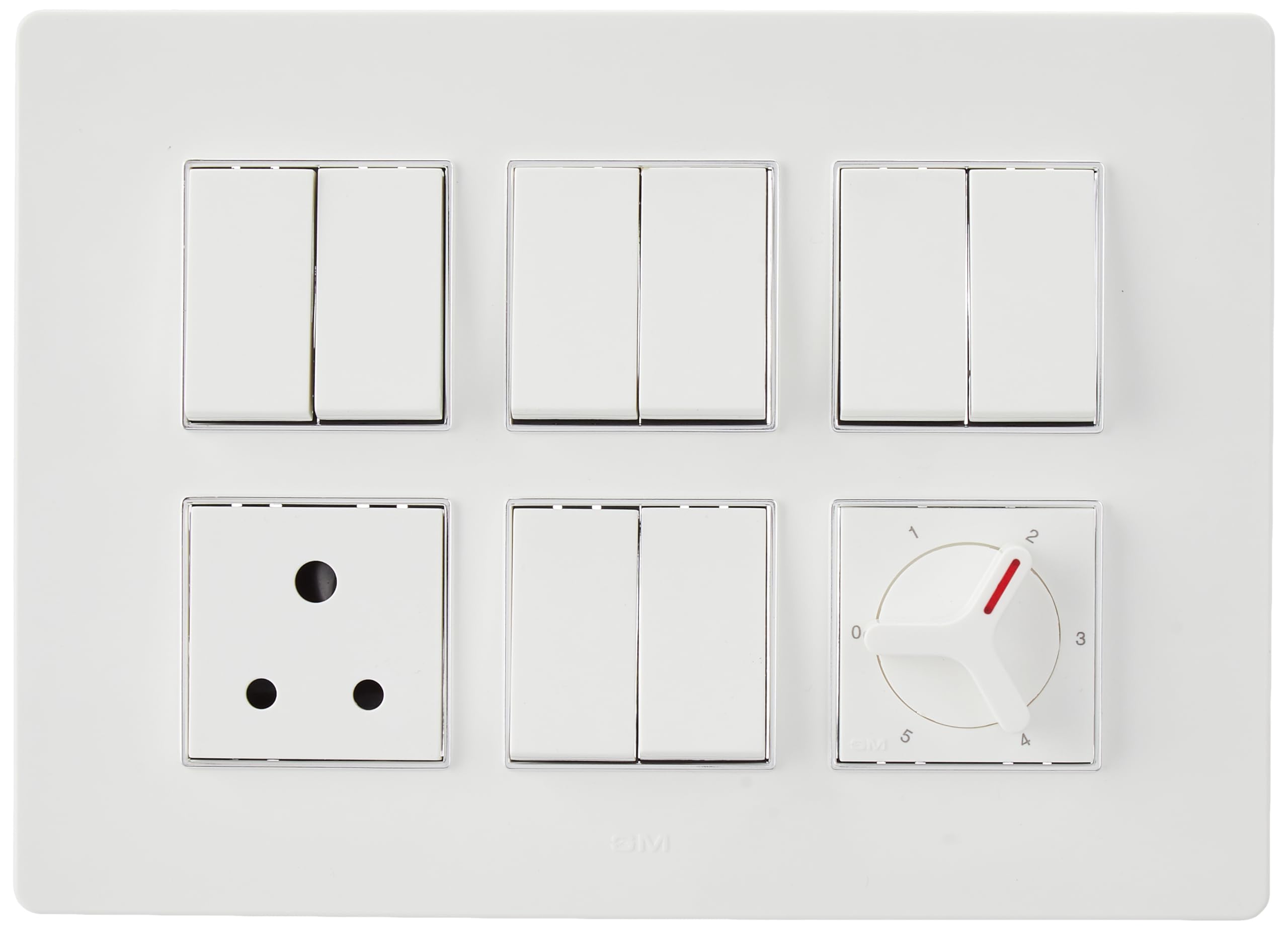 GM Switch Combo G-TEN 5 Step Fan Regulator Full Rotary - 2M | G-TEN 10AX 1 Way Switch - 1M | 6A 3pin Socket |X2 Glossy White - 12M Plate