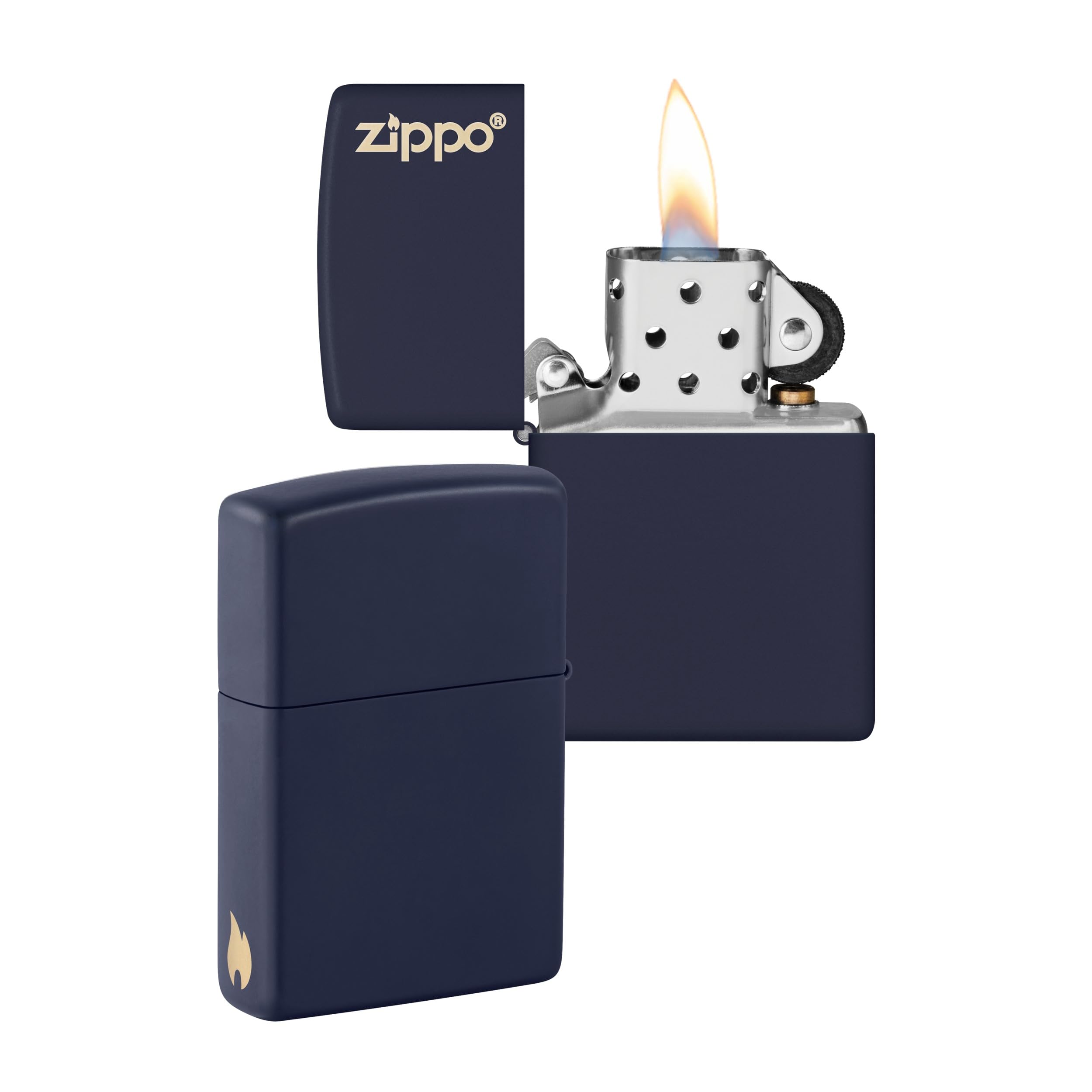 Windproof Lighter - Logo & Flame Design - Navy Matte - Refillable - Reusable - Windproof - Gift Box - Metal - Made in USA - Amazon Exclusive