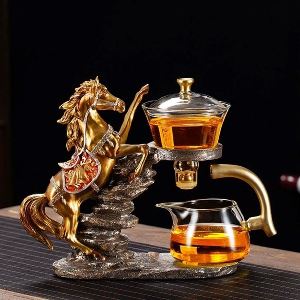 Théière en verre Kungfu infuseur semi-automatique anti amertume cheval rouge doré pour thé réussi