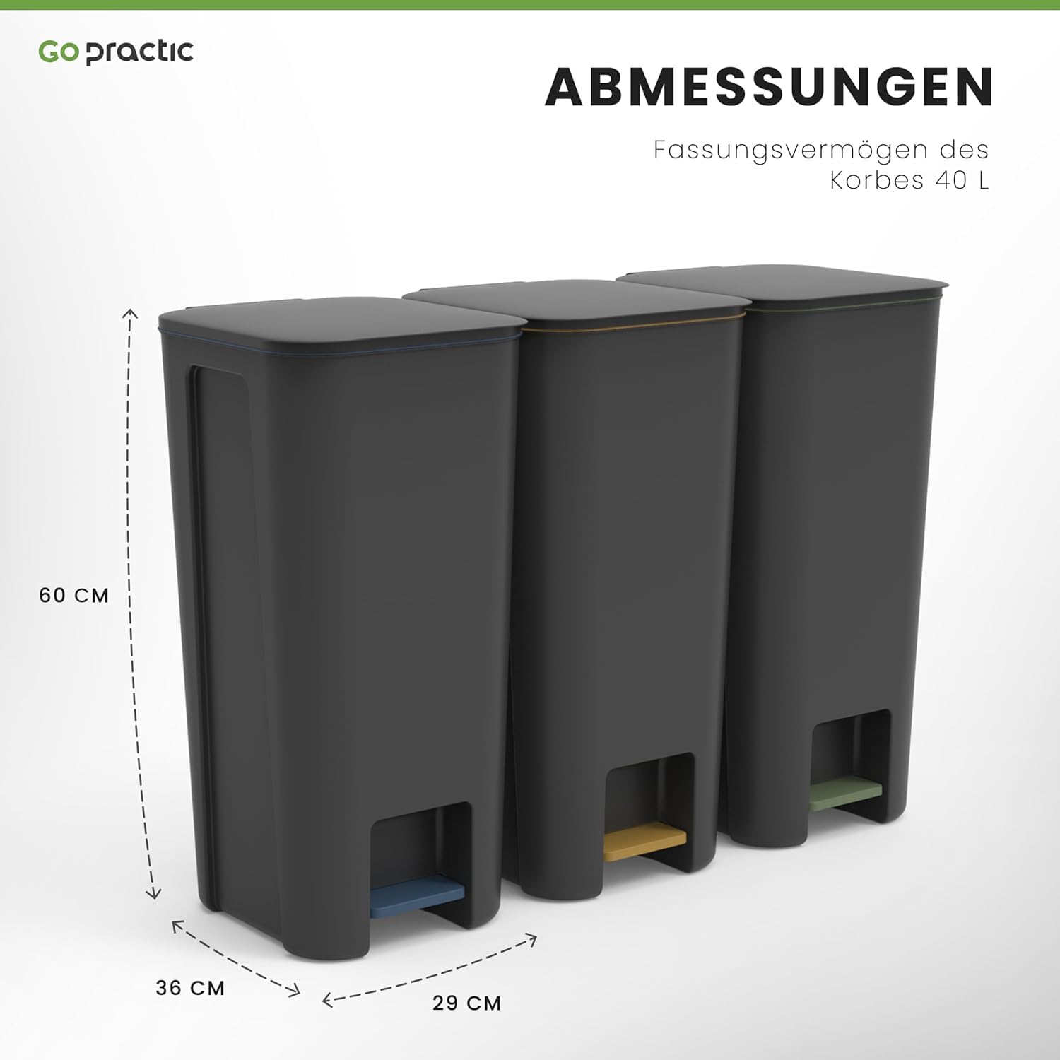 Treteimer Set 3x40L Grau, Tretmülleimer mit Pedal und Deckel, Mülleimer, Mülltrennsystem für Papier, Kunststoff, Glas, Küchenmülleimer Recycling, Küche