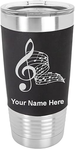 LaserGram Vaso aislado al vacío de 20 onzas, notas musicales, grabado personalizado incluido (agarre de silicona, negro)