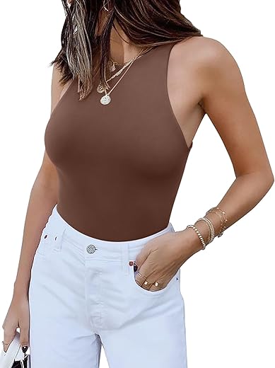 Women’s Casual Strappy Sleeveless Ribbed Knit Halter Neck Racerback Camisole Bodysuit Tank Tops Brown X-Large