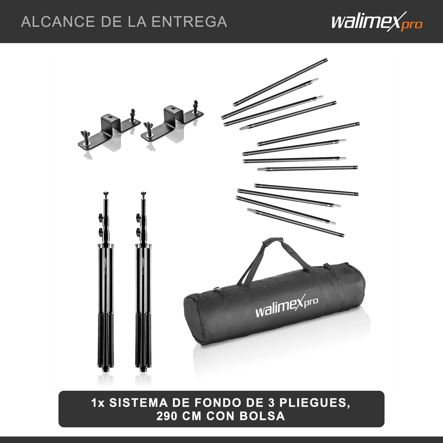 Walimex pro Sistema de fondo triple 145-290cm, para hasta 3 pantallas de papel y tela, sistema de fondo fotográfico estable para estudio y móvil, para fotografía, video y pantalla verde