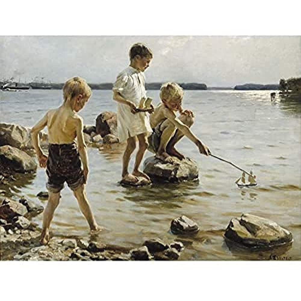 Albert Edelfelt Boys Playing On The Shore Art Print Canvas Premium Wall Decor Poster Mural