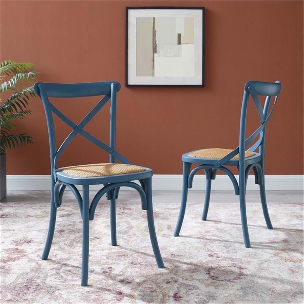 Pemberly Row 18.5" Elm Wood and Rattan Dining Side Chair, Harbor Finish, Set of 2, Rustic Modern Style, Open Backrest Design, Fully Assembled, Kitchen or Dining Room Seating