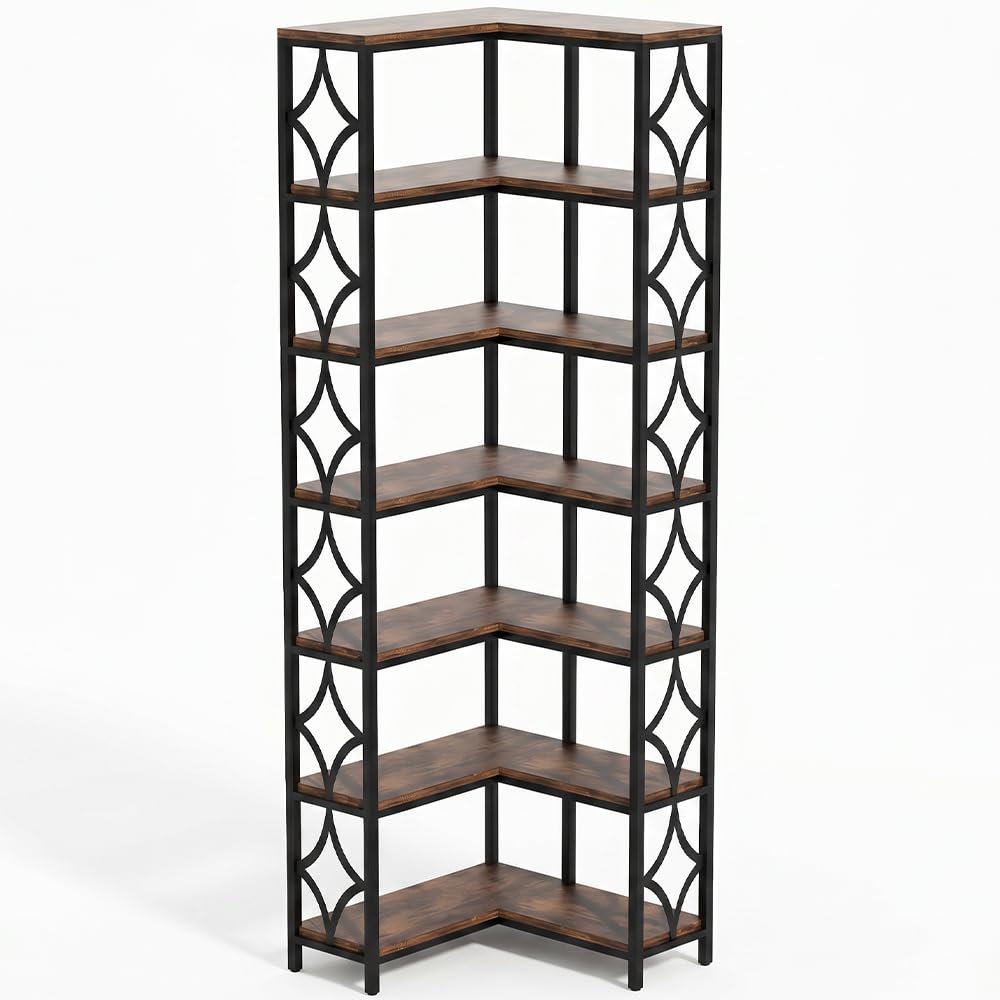 7 Ebenen Eck-Bücherregal Vintage, L-förmiges Regal, 200 cm Hoch, Industrielles Eckregal Stehend, Regal Holz Metall, Standregal für Wohnzimmer, Büro, küche, Schlafzimmer (Braun)