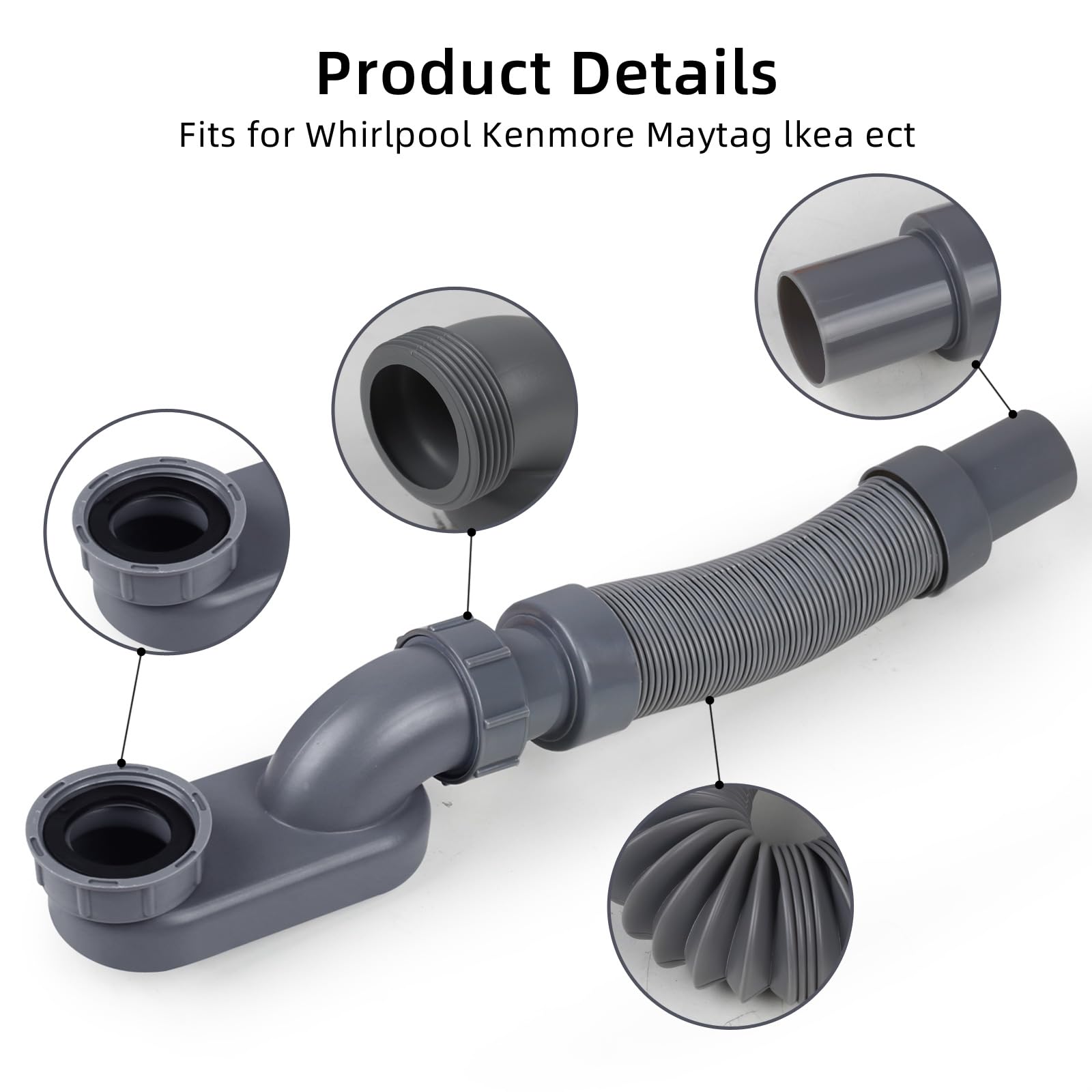 Kit de drenaje flexible de bañera independiente, trampa plana P de perfil bajo para tubo de drenaje de bañera y ducha de 1 1/2 pulgadas, fácil instalación, se adapta a bañeras independientes, manguera