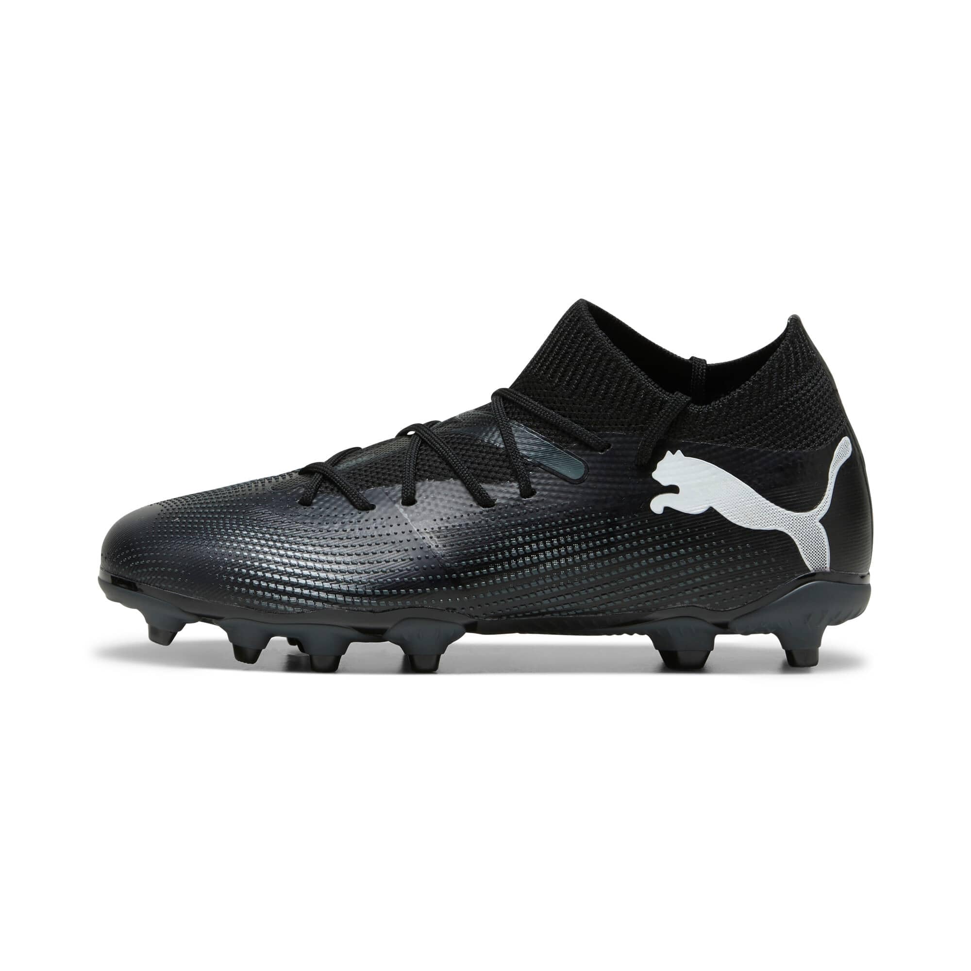PUMA Unisex Youth Future 7 Match FG/AG JR Soccer Shoe, PUMA Black-PUMA White, 13.5 UK Child