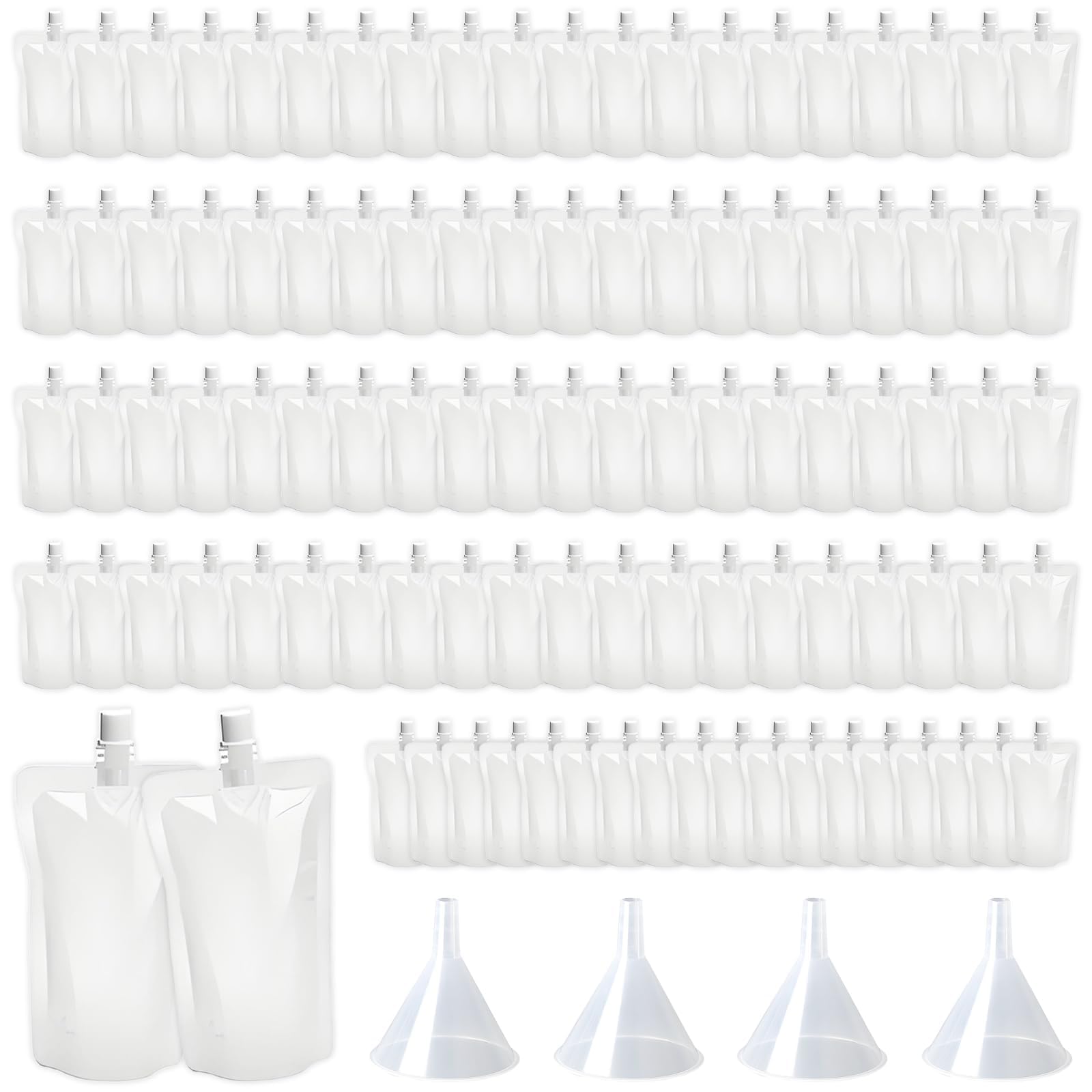 100 Pcs Drink Pouches,200ml Refillable Plastic Drink Pouches with 4 Funnels,for Cold Hot Liquid,Parties Travel.
