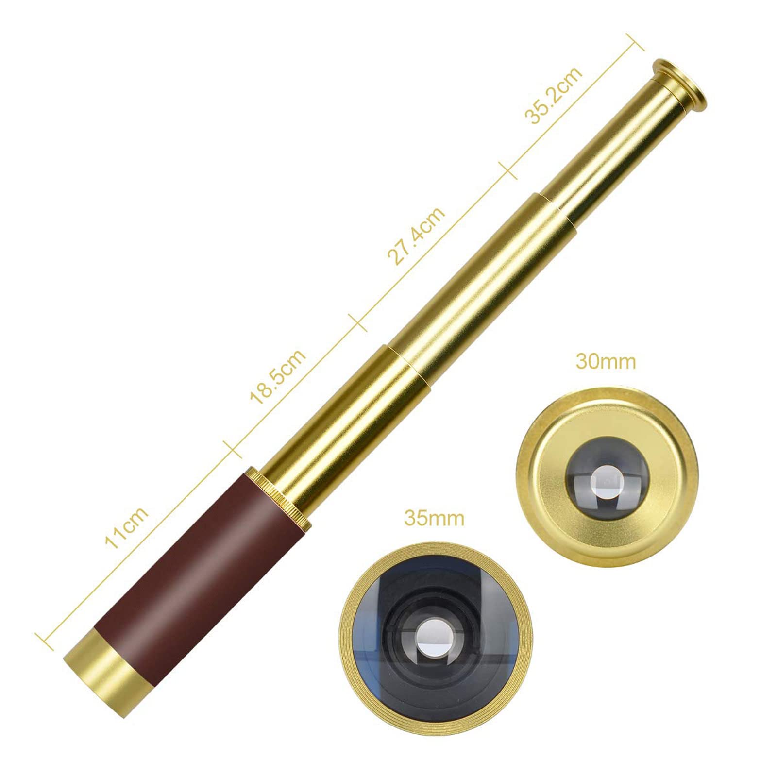 Lychee Monoculaire Etanche Mini Monoculaire Télescopique Retractable Vintage Pirate Optique Telescope Alliage Aluminium avec Placage de Cuivre 4 Sections HD pour Navigation à Voile Voyage Jeux