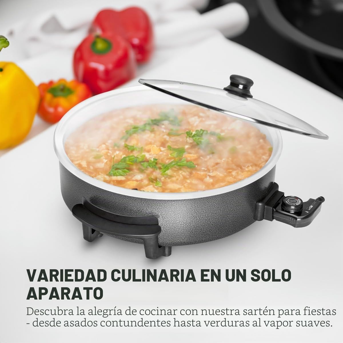 Clatronic PP 3570 C - Sartén eléctrica cerámica con tapa de cristal, diámetro 42 cm, 1500 W, color negro