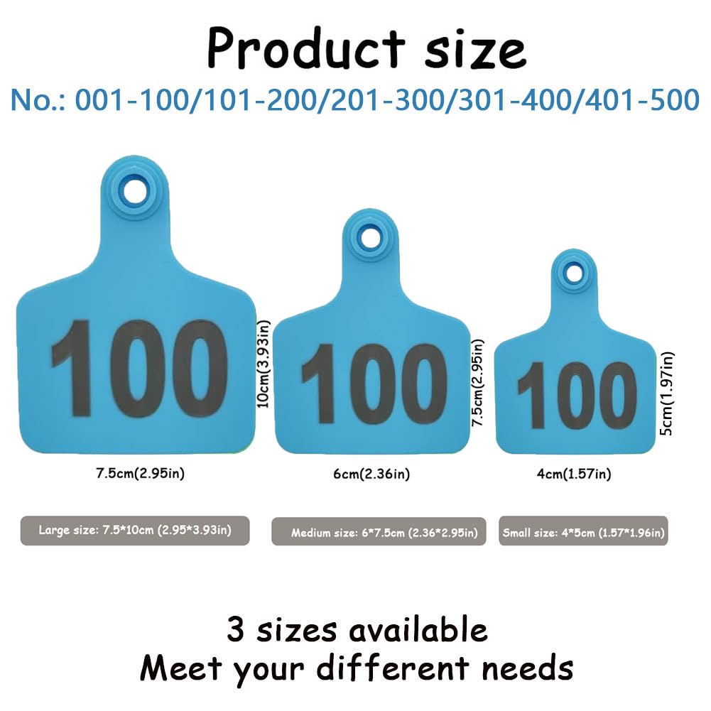Numerowane kolczyki do bydła, Numerowane Kolczyki Bydlęce 100 Szt. Wielokolorowe, Różne Rozmiary 001-500(Blue,7.5 * 10cm (2.95 * 3.93in) 201-300)
