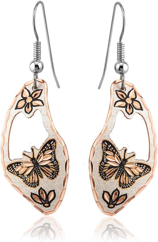 Artisan-crafted women's copper cutout earrings featuring 22 unique wildlife designs including hummingbird/dragonfly/wolf/butterfly/salmon/inuksuk/Mary/whale/cross/cat/totem/horse/turtle