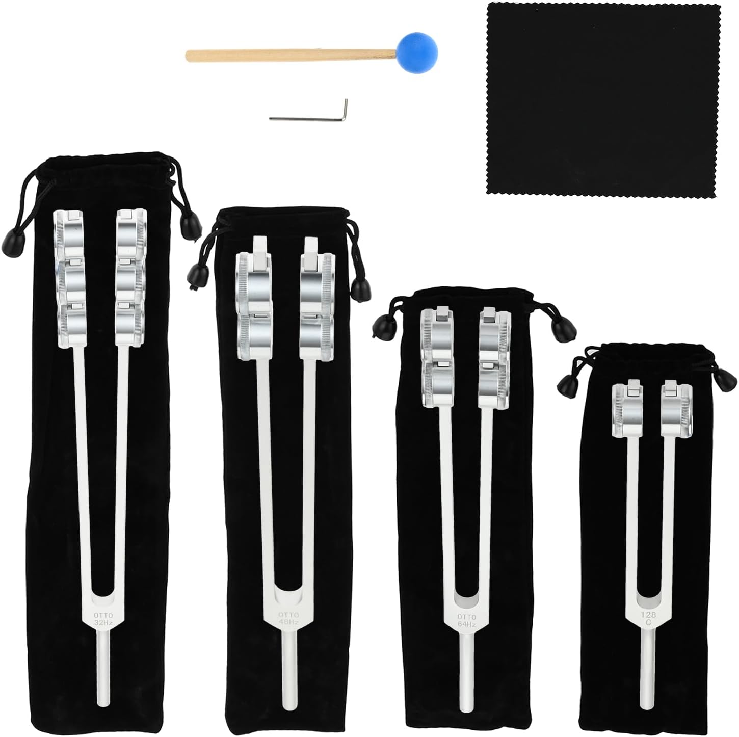 Otto Tuners Weighted Tuning Fork Set - 32 Hz 48 Hz 64 Hz and 128 Hz Tuning Forks with Hammer Wrench and Carry Bag (4 Pcs)