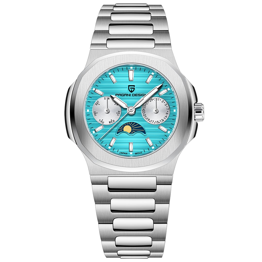 Quarz Damenuhren Luxus Edelstahl Wasserdicht Armbanduhr für Frauen Damen Armbanduhr Synthetischer Saphir Auto Datum Mondphase Wochenanzeige