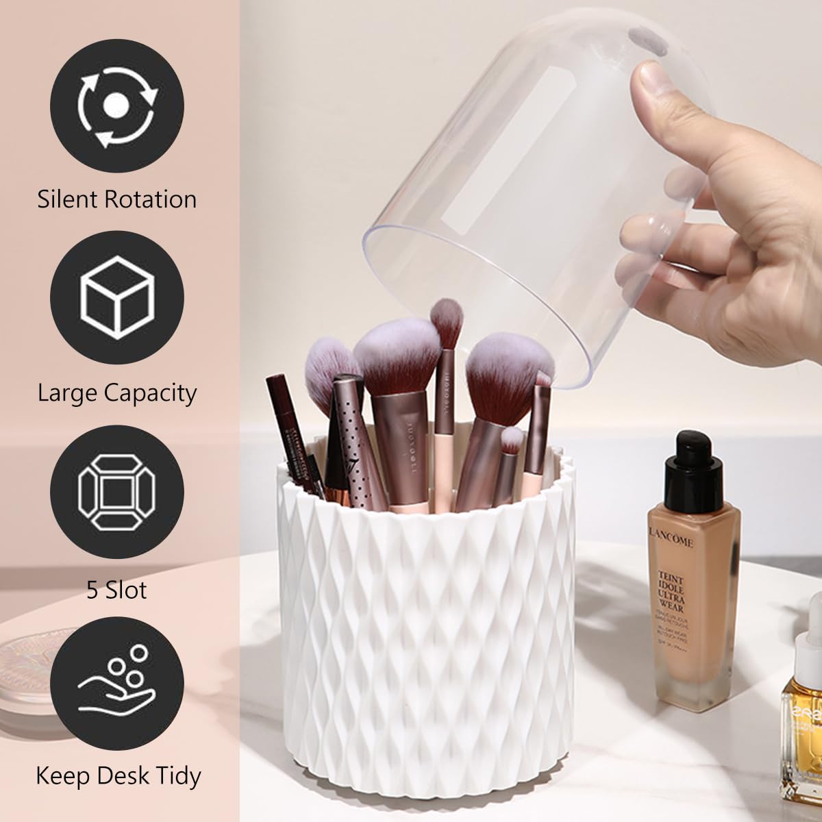 IBEQUEM 2 Pack Makeup Brush Holder, 360-Degree Rotating Makeup Brush Organizer with Clear Acrylic Lid - Image 4