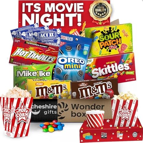 Movie Night Basket Gift Set – with Candy Variety Pack, Movie Trays, Movie, Movie Snacks & Popcorn Gift Set – Gift Baskets For Families by Cheshire Gifts Cover