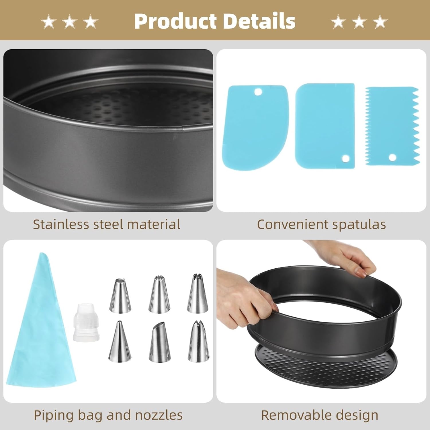 3 Pcs Leakproof Springform Cake Pans Set with Piping Bag and Nozzles, Non-Stick Heart, Round & Square Cake Pans for Bakers