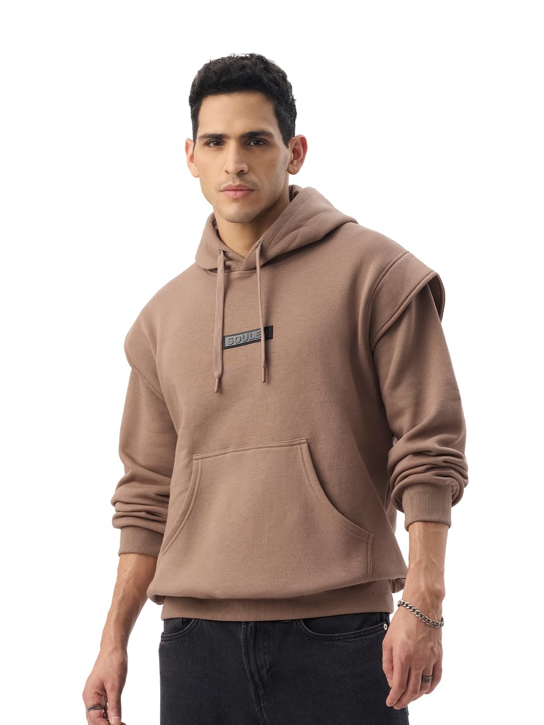the souled store Desert Dune Men and Boys Full Sleeves Hooded Neck Brown Solid Cotton Blend Oversized Fit Winter Hoodie-picture-12