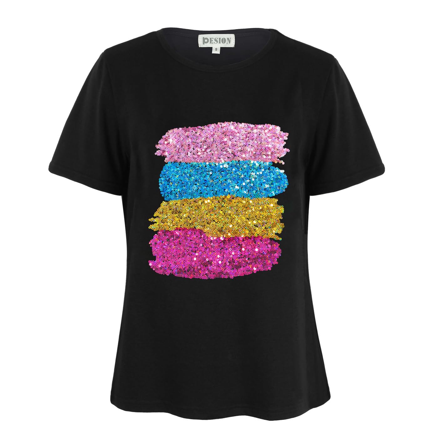 PESION Womens Short Sleeve T-Shirt Sequined Tops O-Neck Funny Graphic Tees Blouse