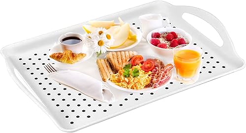 Miniatura 5 de Paquete de 4 bandejas de plástico de 16.5 x 11.4 x 1.6 pulgadas con asas, bandeja rectangular antideslizante para servir alimentos, hogar,