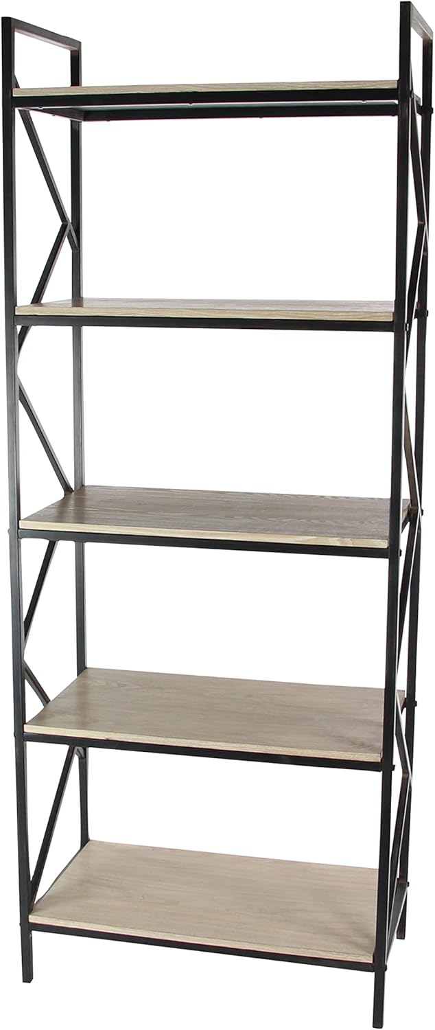 Industrial Brown Wood and Black Metal 5-Tier Étagère