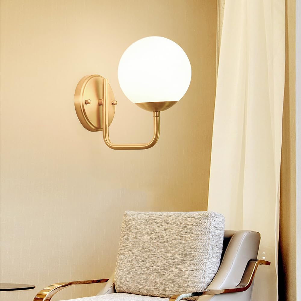 French Minimalist Style Copper Wall Light, E26 Base Flush Mount Lamp, Single Head Glass Lampshade, Bedside, Living Room Hallway Mounted Fixtures