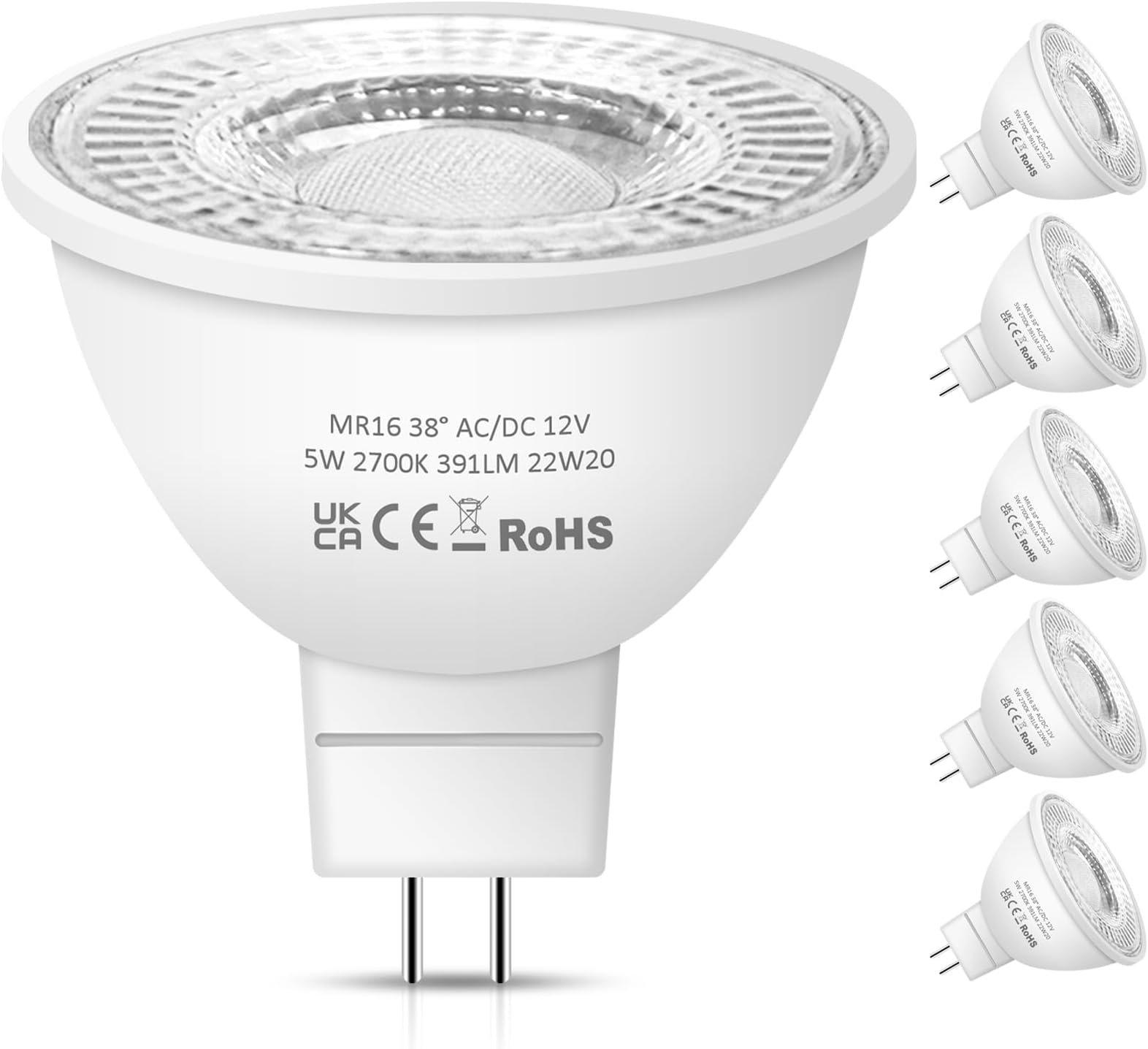 MR16 LED Bulbs, 12V 5W Warm White 2700K 38° Beam Angle LED MR16 for Indoor/Outdoor Landscape, Recessed, Track Lighting, GU5.3 Bi Pin Base, 6 Pack