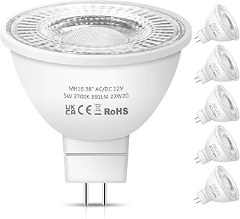 MR16 LED Bulbs, 12V 5W Warm White 2700K 38  Beam Angle LED MR16 for Indoor/Outdoor Landscape, Recessed, Track Lighting, GU5.3 Bi Pin Base, 6 Pack [Energy Class F]