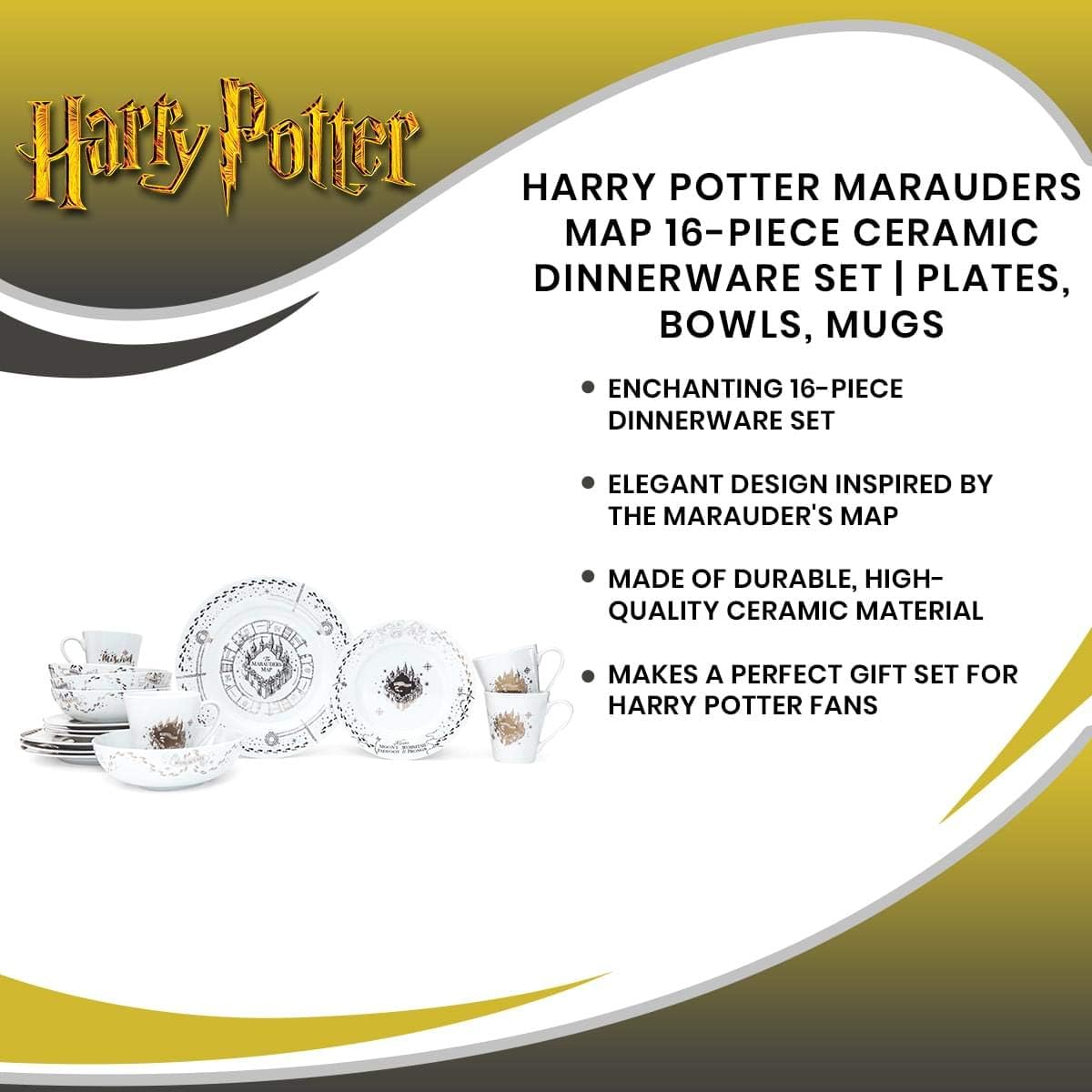 Harry Potter Marauders Map 16-Piece Ceramic Dinnerware Set | Hogwarts-Themed Dish Set | Includes Dinner Plates, Salad Plates, Bowls, Mugs | Place Setting For 4 White