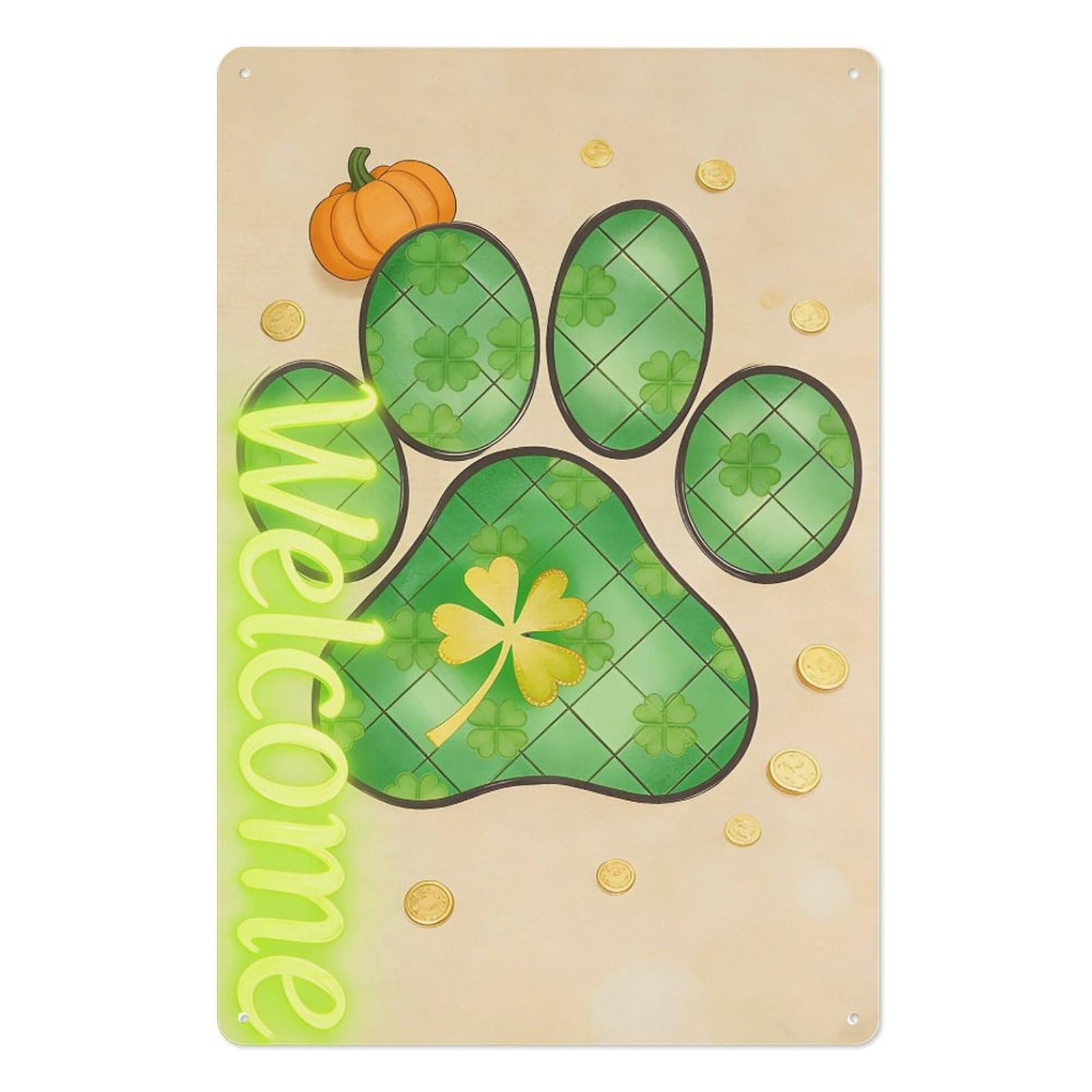 peiyeety 8x12 Inch St. Patrick's Day Welcome Metal Tin Sign – Golden Four-Leaf Clover & Shamrock Paw Print with Coins & Pumpkin, Lucky Vintage Wall Art for Home, Bar, or Pub