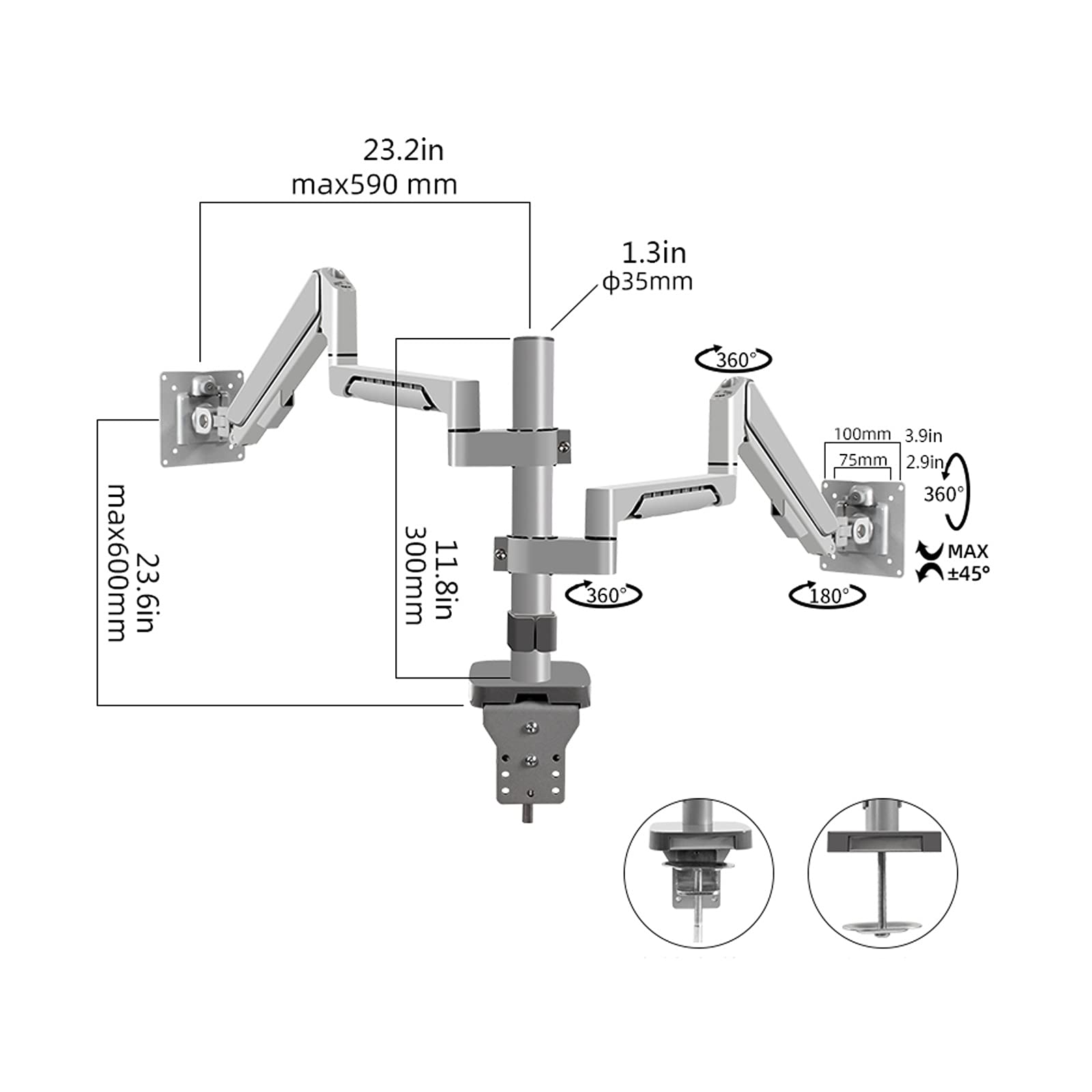 Supporto per Braccio Monitor Supporto per Doppio Monitor per impieghi gravosi 14-32 Pollici ， Supporto per Monitor Regolabile con Molla a Gas Supporto per Doppio Monitor per 4,4-19,8 libbre per
