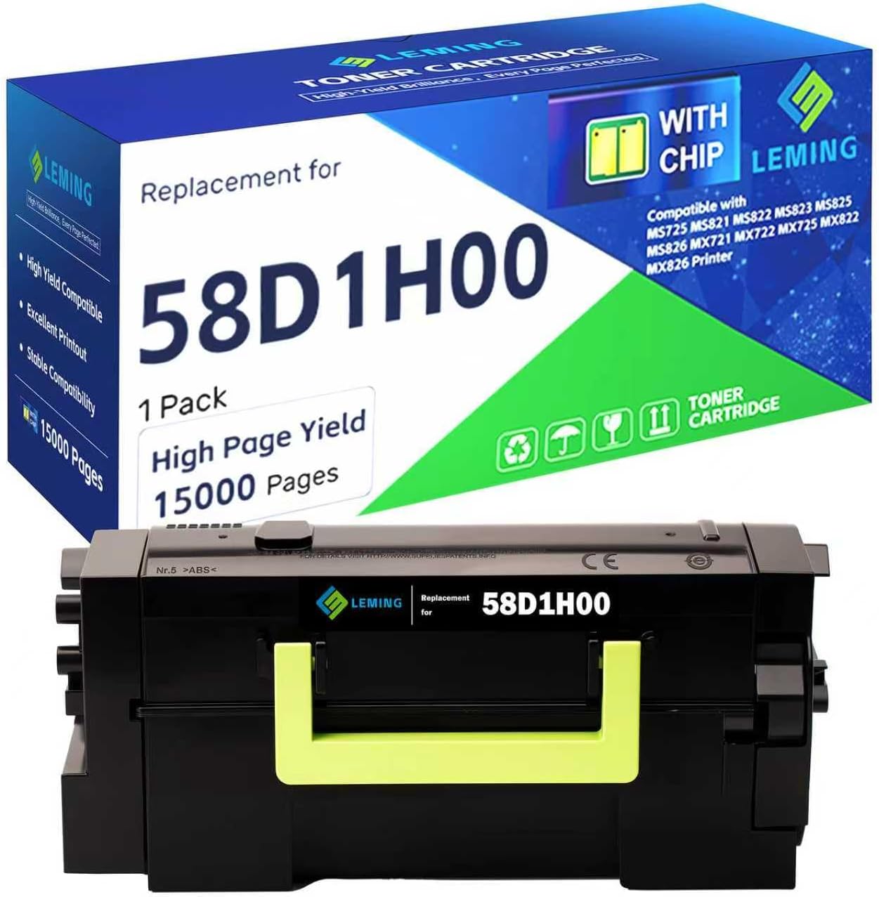 58D1H00 Toner Cartridge 15,000 Pages (with Chip) Replacement for Lexmark 58D1H00 Toner Cartridge 58D1000 for Lexmark MS725 MS821 MS822 MS823 MS825 MS826 MX721 MX722 MX725 MX822 MX826 Printer